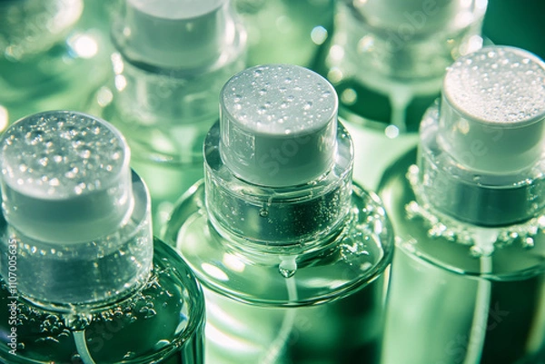 Obraz Green plastic skincare bottles with detailed caps under glowing light, reflective surfaces.