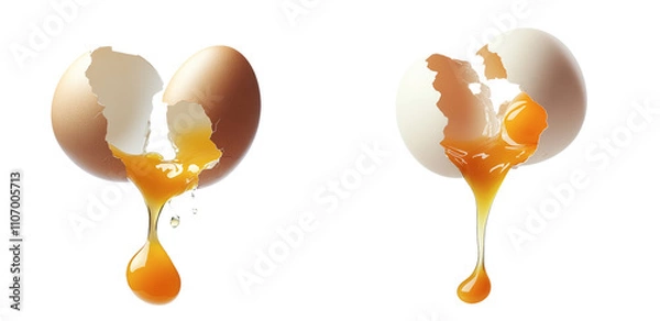 Fototapeta High-Quality PNG of Chicken egg shell cracked in half,  egg yolk and white dropping out Isolated on White Background – High Resolution