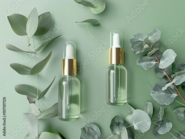 Fototapeta Two bottles of green liquid are on a green background. The bottles are next to each other and are surrounded by green leaves