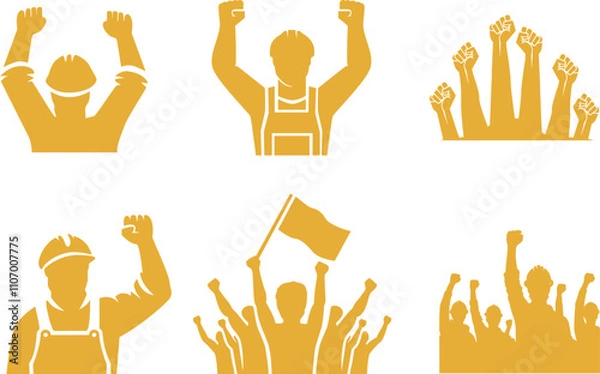 Obraz Labour raising hand silhouette concept set. Labour day concept collection vector design.