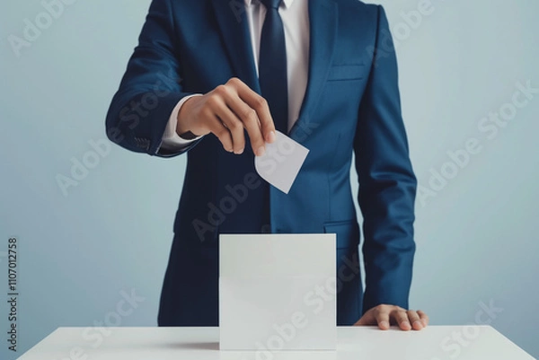 Fototapeta Cropped image of man putting voting card into ballot box on grey background. Man Casting a Vote. Concept of Democracy and Civic Engagement. Generative AI