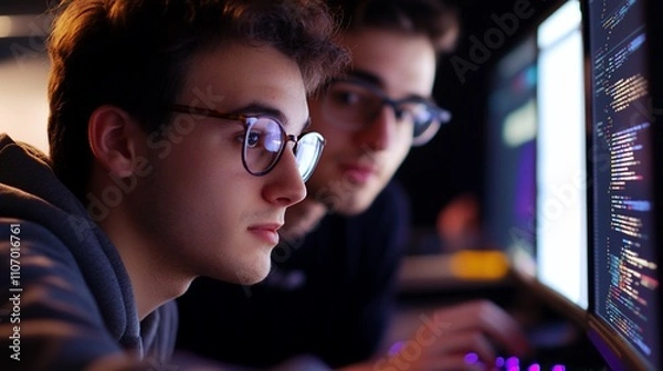Fototapeta Two individuals focused on coding at computer screens in a dimly lit room.