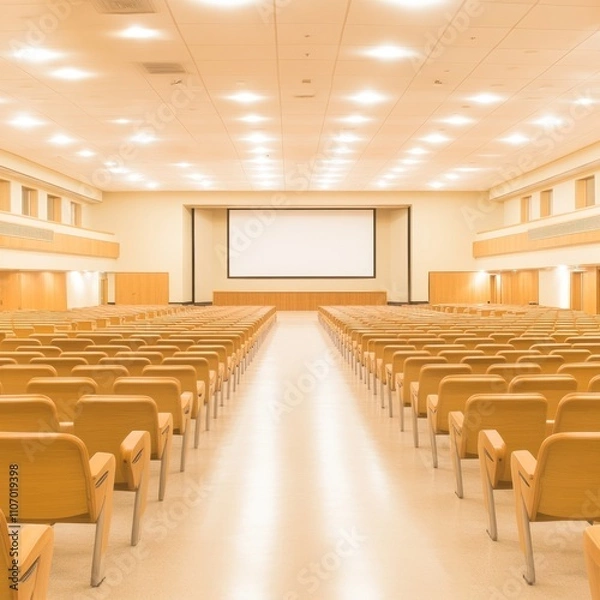Fototapeta Empty modern auditorium with rows of light brown chairs and a large projection screen.