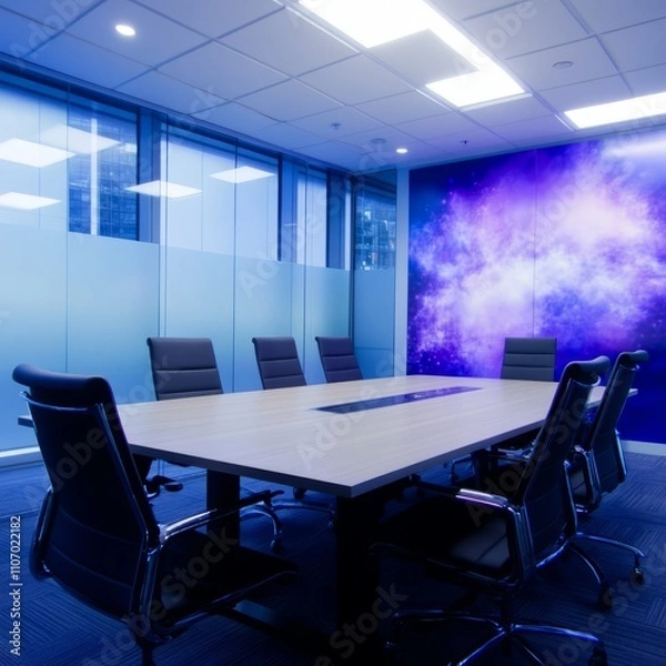 Fototapeta Modern conference room with large nebula wall art, sleek table, and comfortable chairs.