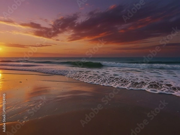 Fototapeta A picturesque sunset painting featuring the ocean, with warm colors creating a peaceful and inviting atmosphere.