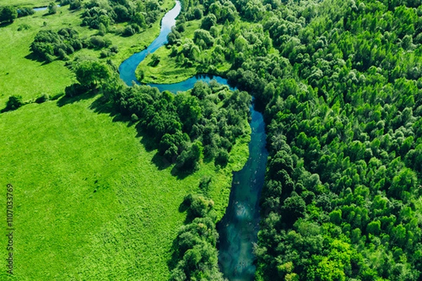 Fototapeta Aerial drone view of blue curved river and green summer woods