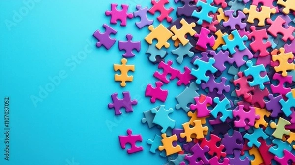 Fototapeta Colorful Puzzle Pieces Scattered on a Blue Background