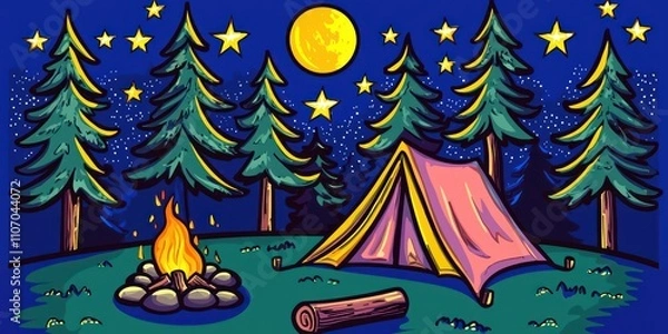 Fototapeta A playful camping vector featuring a tent, campfire, stars, and pine trees, ideal for digital projects.