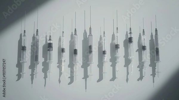 Fototapeta Health concept in focus syringes in shadow from a medical laboratory perspective