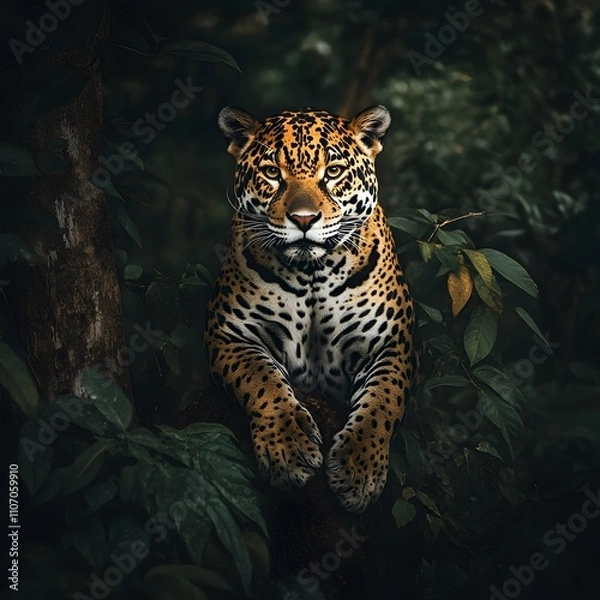 Fototapeta Majestic jaguar peering from lush jungle foliage.