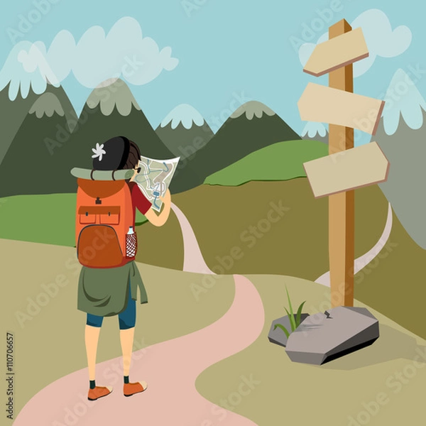 Obraz hiker with backpack on mountain trail cheks map