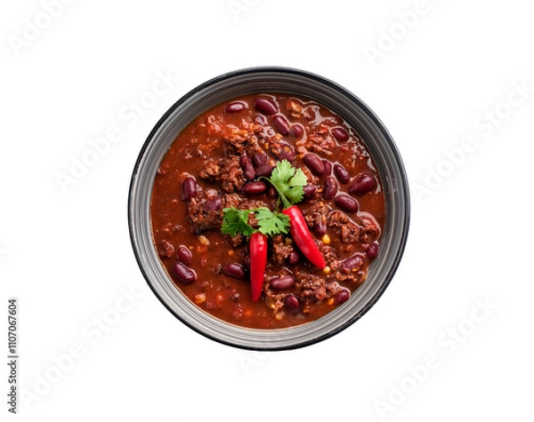 Obraz Bowl of chili con carne, with red chili peppers. Delicious spicy food. Overhead top down view, isolated on a transparent background.