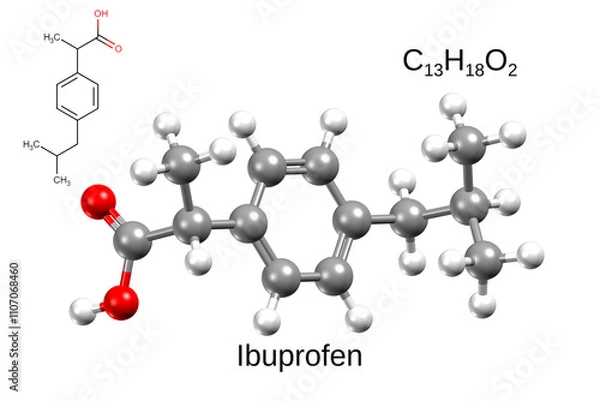 Fototapeta Structure of ibuprofen, a common non-steroid anti-inflammatory drug. Chemical formula, structural formula and 3D ball-and-stick model