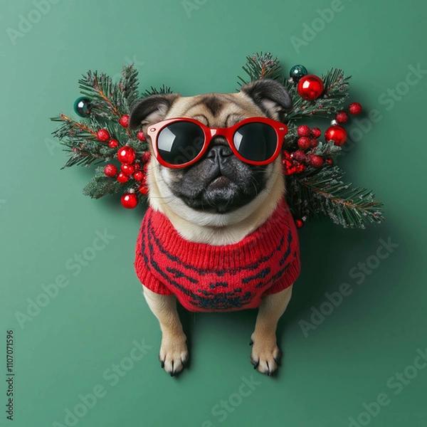 Fototapeta A cute and cheerful pug in a Christmas sweater with matching colorful decorations around it, with bright and vibrant colors, in the spirit of the holidays, Christmas, and New Year