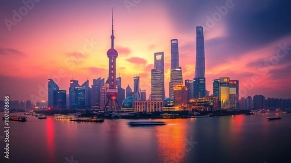 Fototapeta As dusk falls, Shanghai's Pudong skyline glows with vibrant colors and innovation by the river.