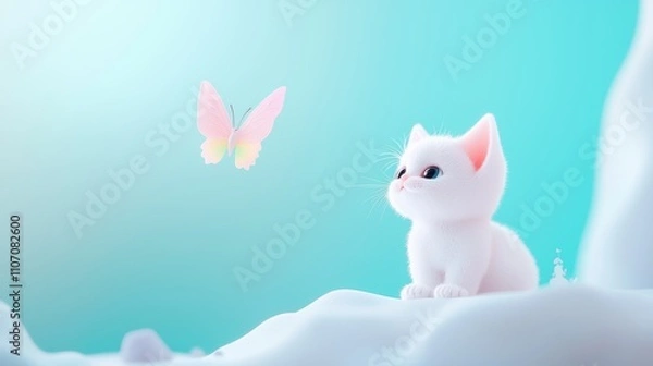 Fototapeta Cute Animals with Rainbows A playful cartoon kitten with wide eyes, batting at a rainbow colored butterfly against a backdrop of a whimsical, pastel colored landscape.