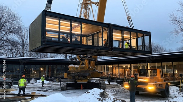 Obraz Modular construction scene with crane lifting prefabricated glass-walled module onto structure in snowy environment