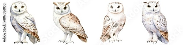 Fototapeta Winter snow collection. Owl illustrations in various colors ,isolate on white background.