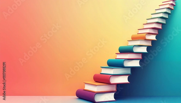 Fototapeta Colorful books arranged as a staircase on a vibrant gradient background
