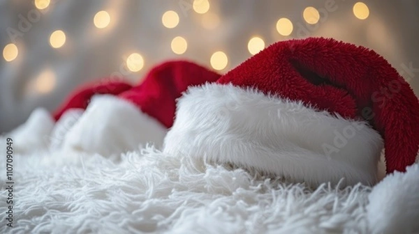 Obraz Two red Santa hats on a white fluffy blanket with blurred holiday lights in the background.