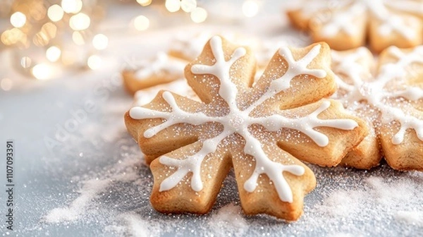 Fototapeta Close-up of snowflake cookies, sparkling with edible glitter and powdered sugar, bringing frosty charm to holiday celebrations, snowflake cookies, holiday treats