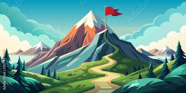 Fototapeta Majestic mountain with a flag atop a scenic peak and a winding trail through lush landscape
