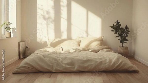 Obraz A bedroom with a minimalist design featuring a low-profile bed, soft bedding in neutral shades, and a clutter-free space that encourages relaxation and restfulness.