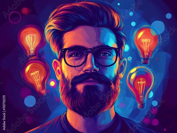 Fototapeta A digital portrait of a man with glasses, surrounded by glowing light bulbs, symbolizing ideas.