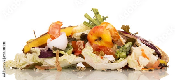 Fototapeta Pile of rotting food waste is isolated on  white background.