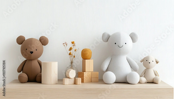Fototapeta Cozy newborn baby room with adorable toys minimalist design soft colors natural light serene atmosphere
