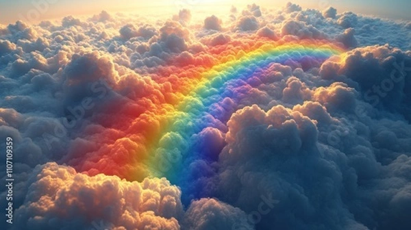 Fototapeta Bright rainbow cutting through fluffy clouds with open skies, leaving ample copy space for creative use