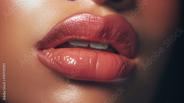 Obraz Fashionable Lip Makeup Close-up: Natural Pink Lips with Smooth Texture, Trendy Aesthetic Color Grading for Magazine Cover Appearance
