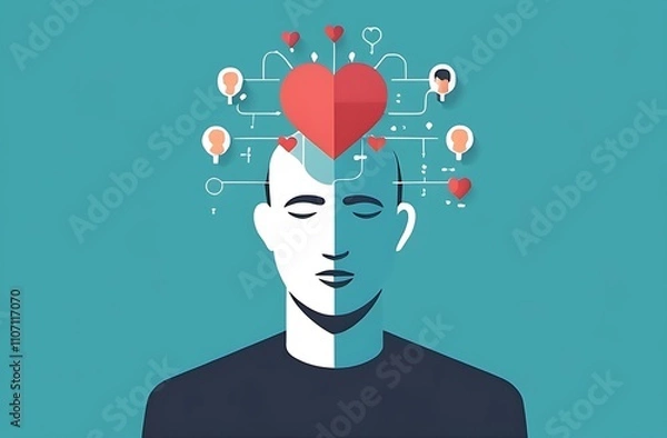 Obraz Emotional Intelligence, EI or control feeling and emotion with logical thinking brain, empathy or social skill, self control or balance concept, man connect heart feeling with logical thinking brain. 