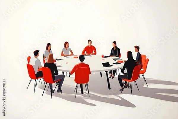 Fototapeta Minimalist image of a small group of team members sitting together in a circle or around a table, symbolizing collaboration and teamwork.