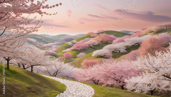 Obraz landscape with pink sky and clouds