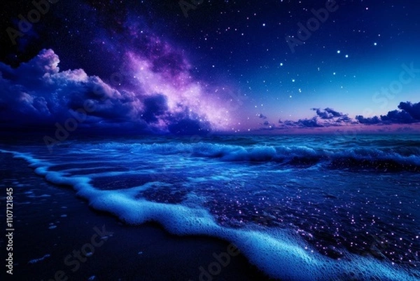 Fototapeta Mesmerizing Night Ocean with Bioluminescent Waves Under a Starry Sky