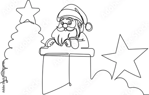 Fototapeta Vector doodle illustration, hand drawn in cartoon style. Black and white linear drawing of Santa Claus on the roof in a chimney. Vector illustration