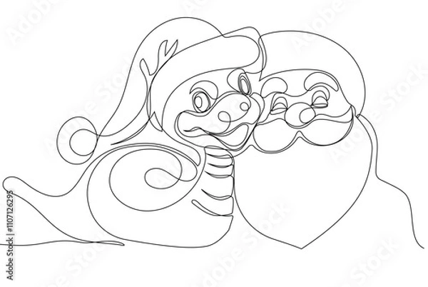 Fototapeta Vector doodle illustration, hand drawn in cartoon style. Black and white linear drawing of Santa Claus on the roof in a chimney. Vector illustration