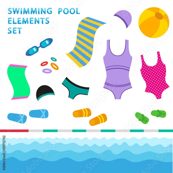 Fototapeta Swimming pool elements - flat style vector set.