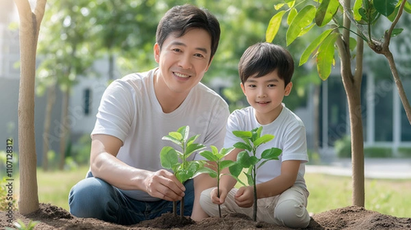 Fototapeta Father and son planting saplings together in a garden, family bonding and environmental stewardship, nature, and instilling eco-friendly values in the younger generation ,love for nature, conservation