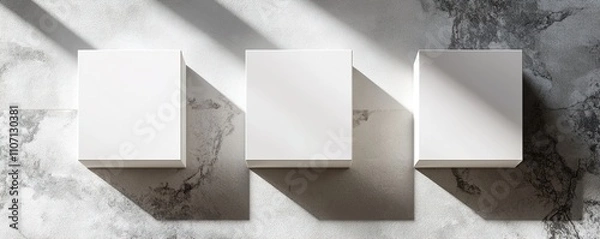 Fototapeta Blank paper sheets, picture canvas, wall displays isolated on gray background. Vector white posters with shadow format mockup. Plastic banners, labels set.new
