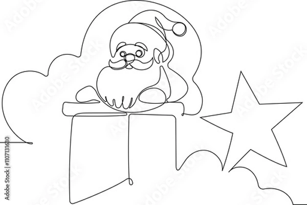 Fototapeta Vector doodle illustration, hand drawn in cartoon style. Black and white linear drawing of Santa Claus on the roof in a chimney. Vector illustration