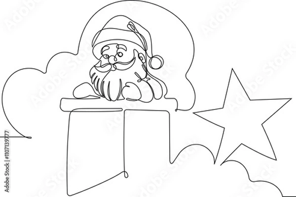 Fototapeta Vector doodle illustration, hand drawn in cartoon style. Black and white linear drawing of Santa Claus on the roof in a chimney. Vector illustration