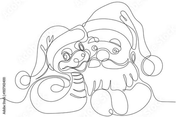 Fototapeta Vector doodle illustration, hand drawn in cartoon style. Black and white linear drawing of Santa Claus on the roof in a chimney. Vector illustration