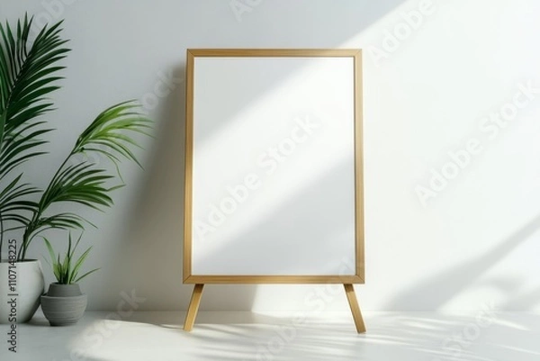 Fototapeta Blank canvas on easel with plant in a minimalist white room with natural light.