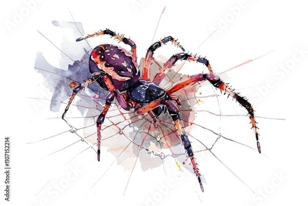 Fototapeta Bug Spider. Watercolor Illustration of a Spider Hanging on a Web, Showing Nature's Arachnid Fear