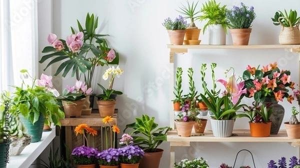 Fototapeta Shelf with Fresh Flowers in the Room - A charming and tranquil setting. The fresh flowers add a touch of nature and beauty to the room.