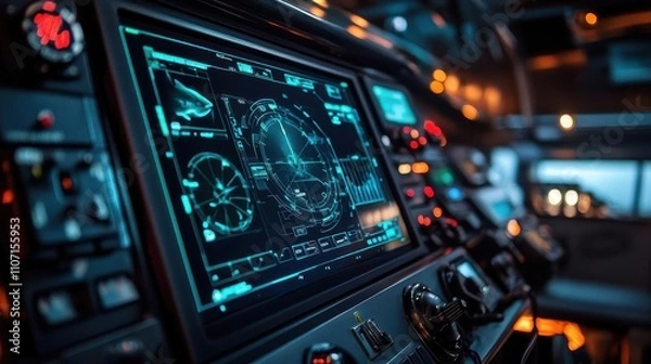 Fototapeta Sonar screen with fish detections, glowing interface in a dark cabin, futuristic design