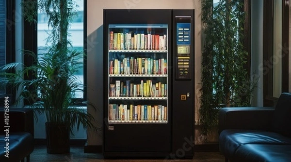 Fototapeta Automated vending machine dispensing books and magazines, situated in a quiet library corner