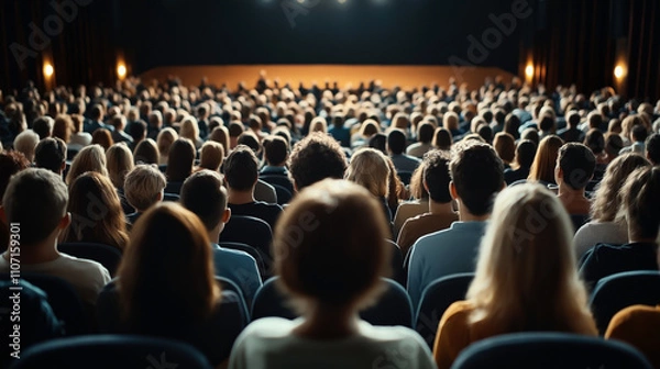 Fototapeta Large audience seated in a theater or cinema, viewed from the back, facing towards a stage or screen with dim lighting.